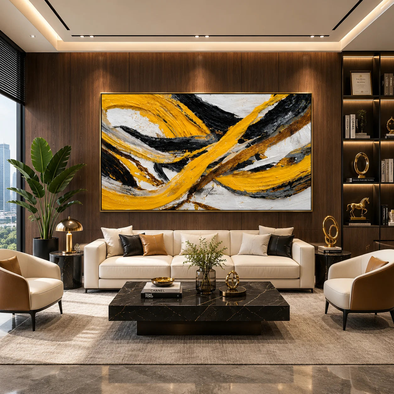 Yellow Black Abstract Hand-Painted Oil Painting | Modern Horizontal Textured Wall Art # OA 1034