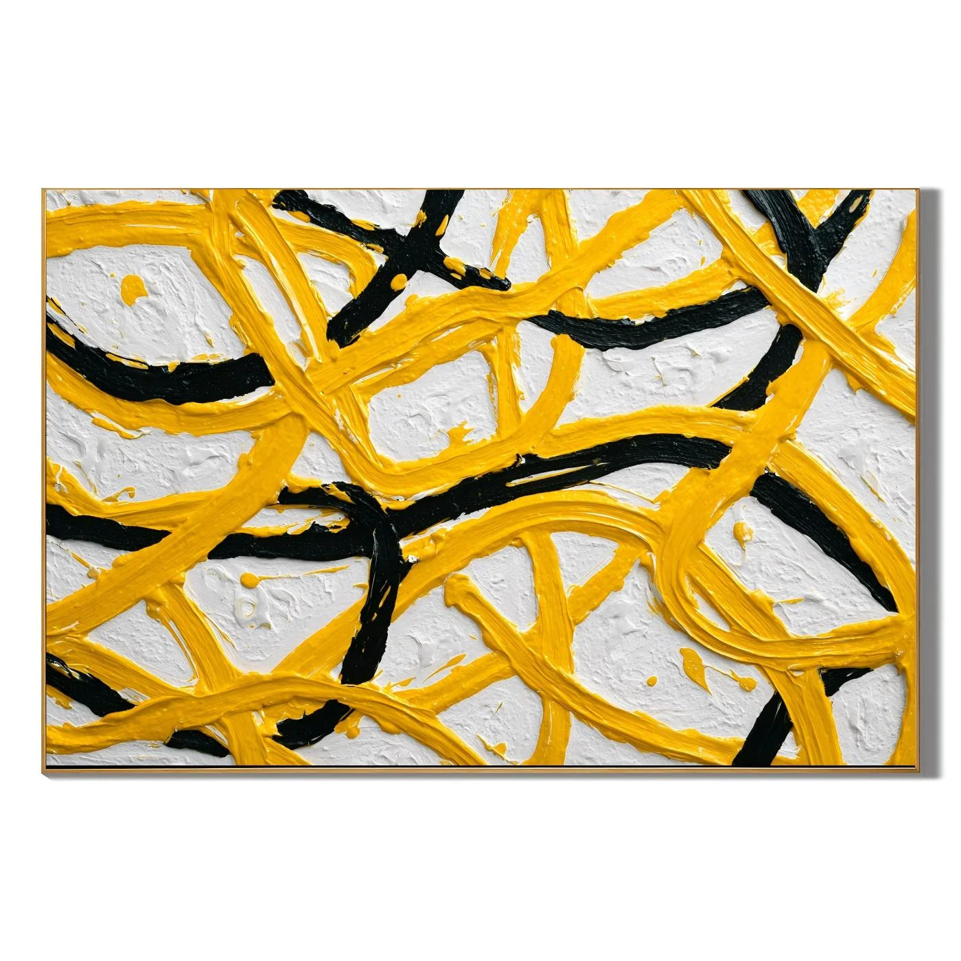 Yellow Black Abstract Hand-Painted Oil Painting, Modern Textured Line Wall Art for Contemporary Decor # OA 1062