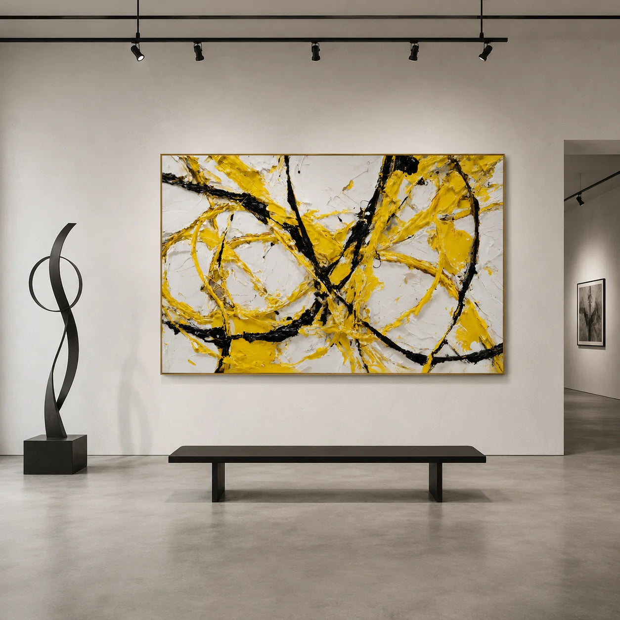Yellow Black Abstract Hand-Painted Oil Painting, Modern Textured Line Wall Art for Contemporary Decor # OA 1066