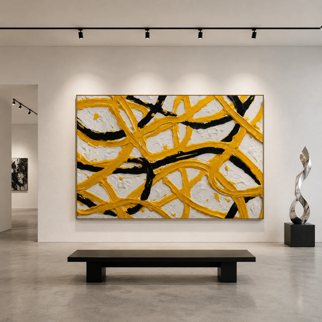 Yellow Black Abstract Hand-Painted Oil Painting, Modern Textured Line Wall Art for Contemporary Decor # OA 1062