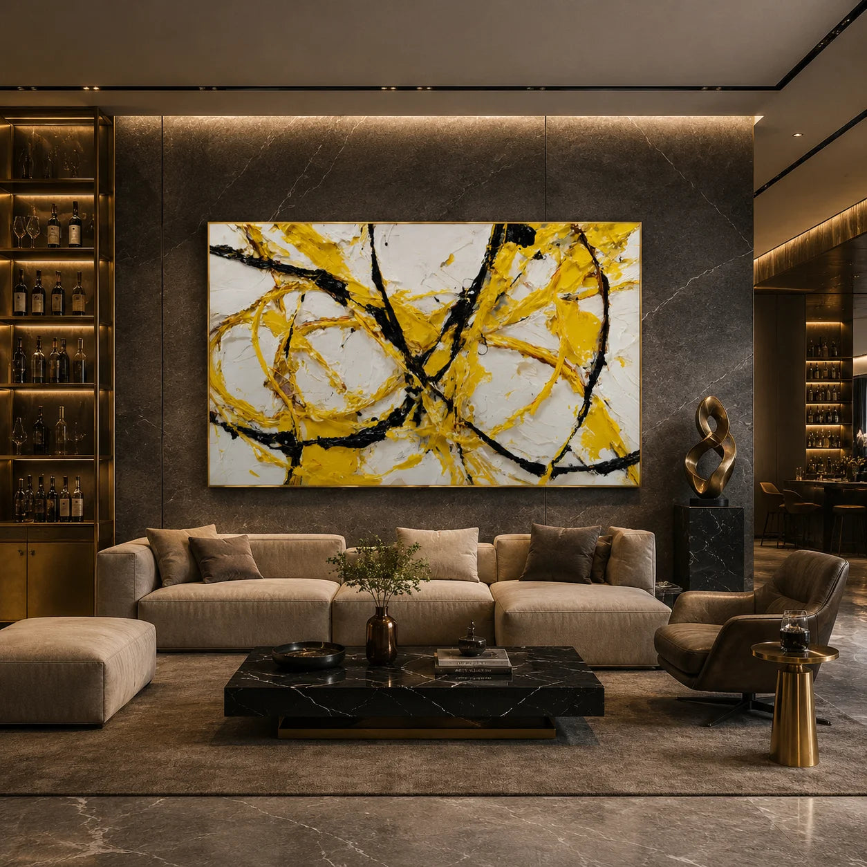Yellow Black Abstract Hand-Painted Oil Painting, Modern Textured Line Wall Art for Contemporary Decor # OA 1066