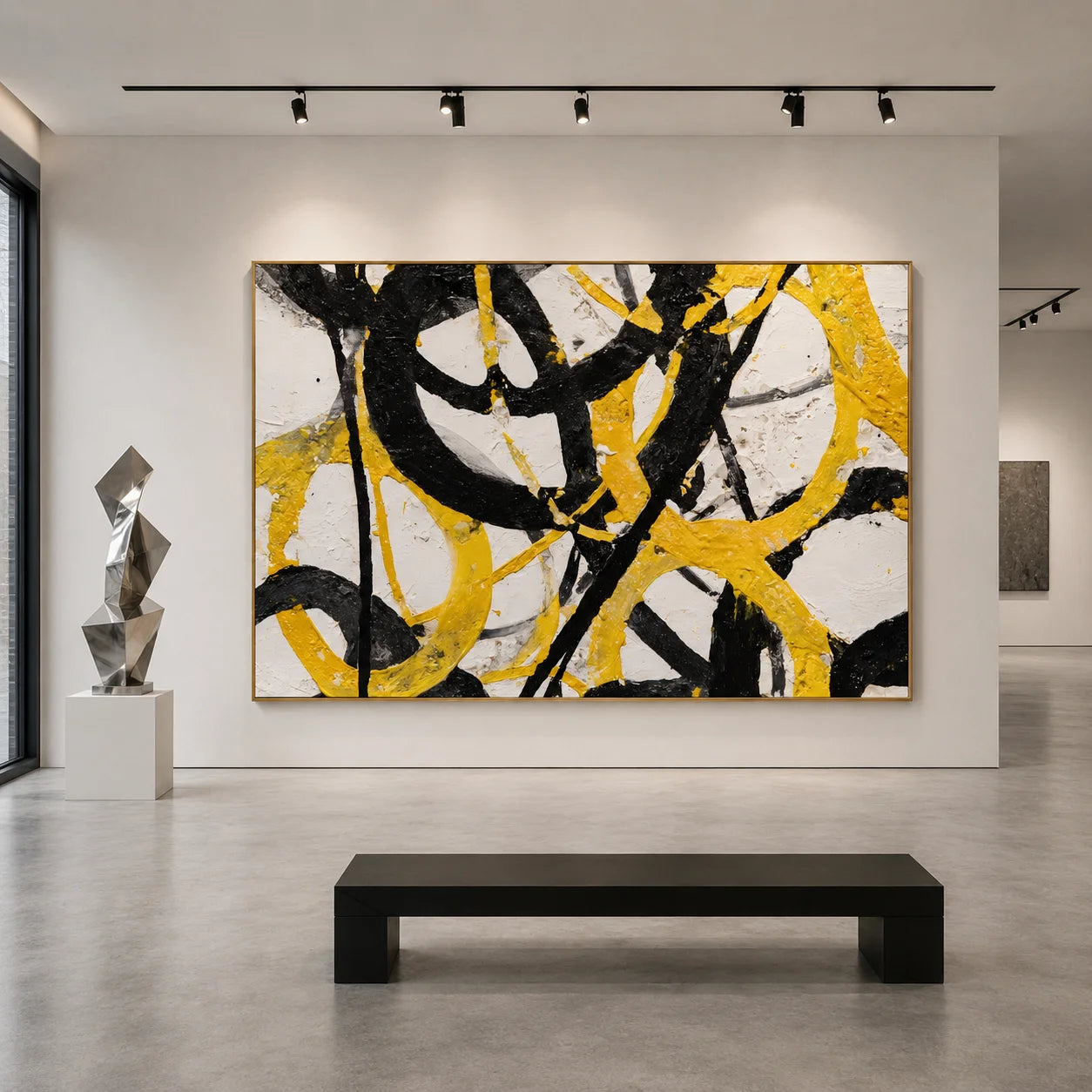 Yellow Black Abstract Hand-Painted Oil Painting, Modern Textured Wall Art for Contemporary Home Decor # OA 1051