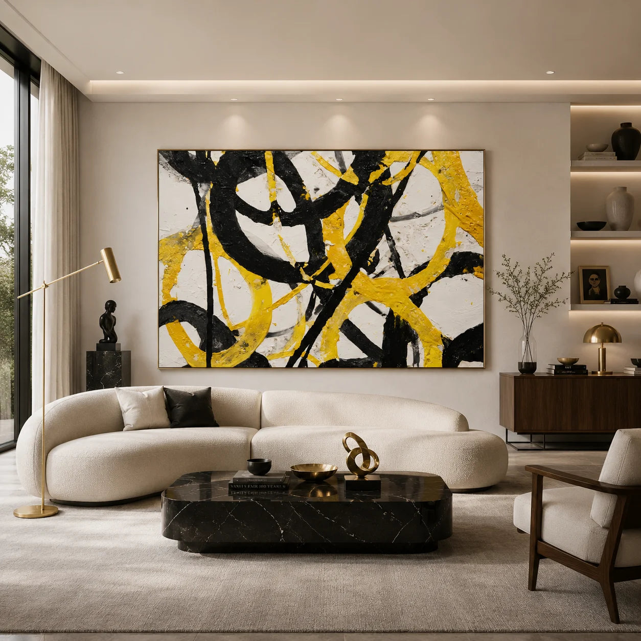 Yellow Black Abstract Hand-Painted Oil Painting, Modern Textured Wall Art for Contemporary Home Decor # OA 1051