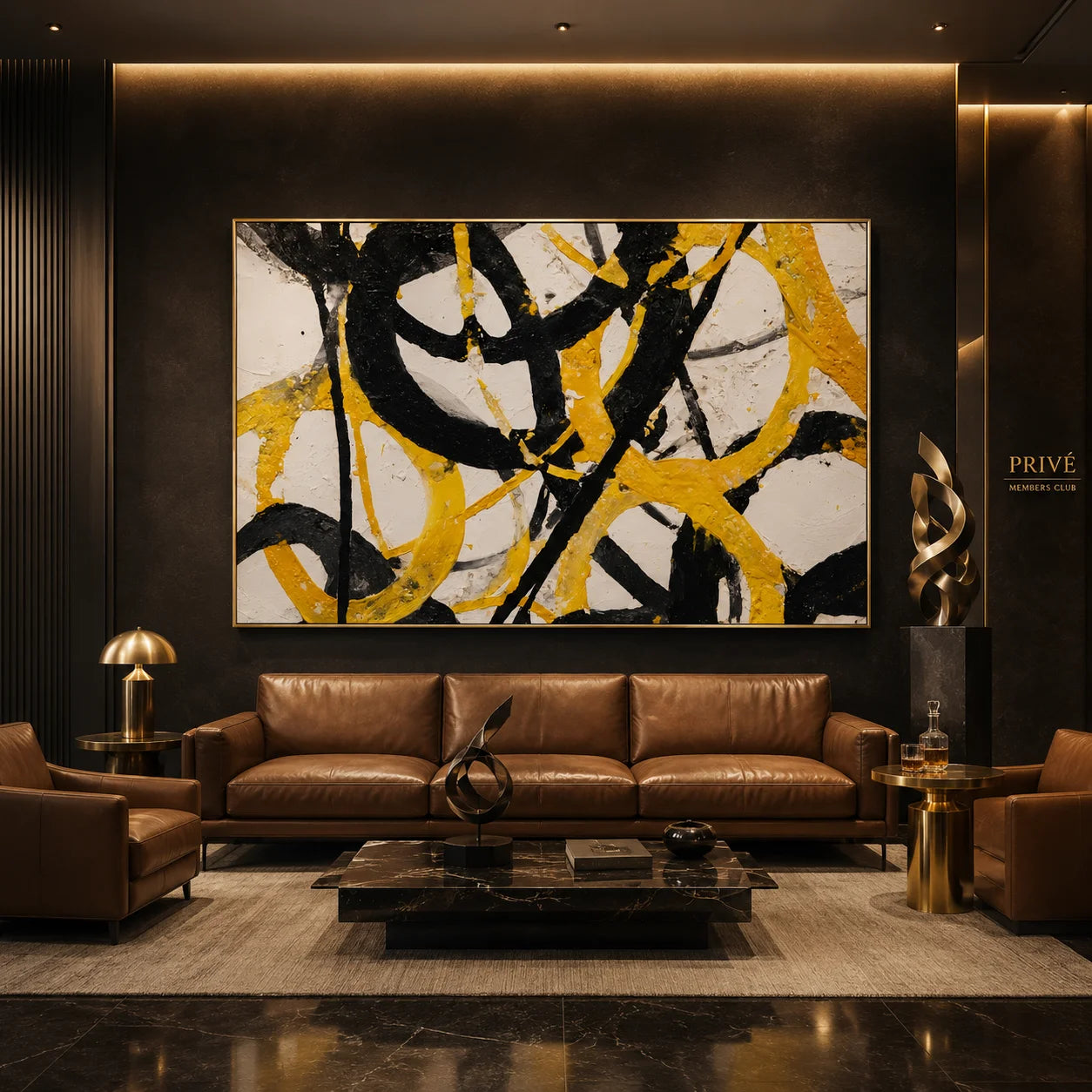 Yellow Black Abstract Hand-Painted Oil Painting, Modern Textured Wall Art for Contemporary Home Decor # OA 1051