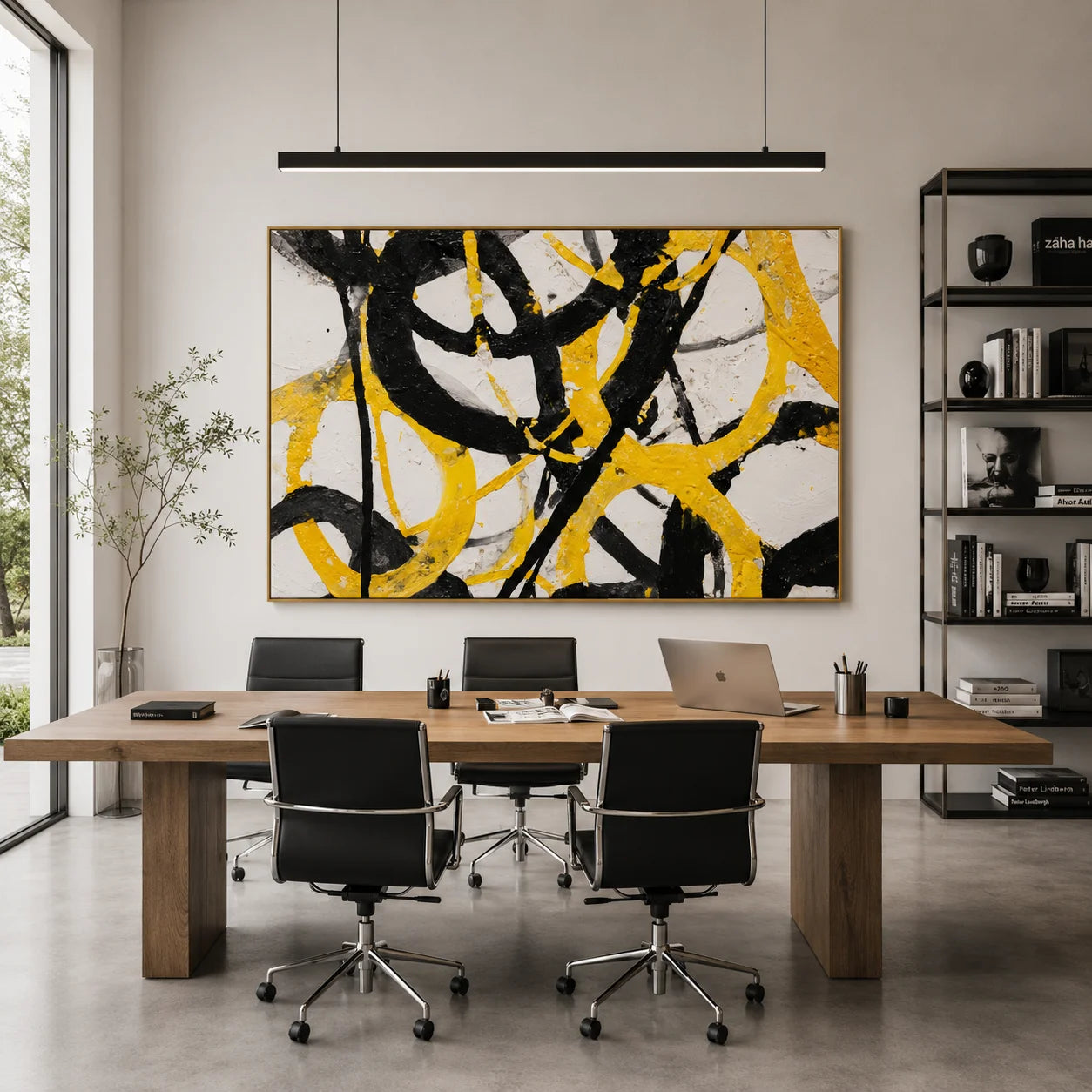 Yellow Black Abstract Hand-Painted Oil Painting, Modern Textured Wall Art for Contemporary Home Decor # OA 1051