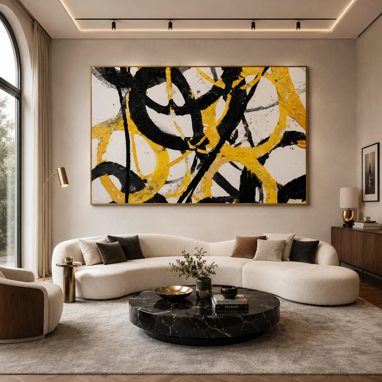 Yellow Black Abstract Hand-Painted Oil Painting, Modern Textured Wall Art for Contemporary Home Decor # OA 1051