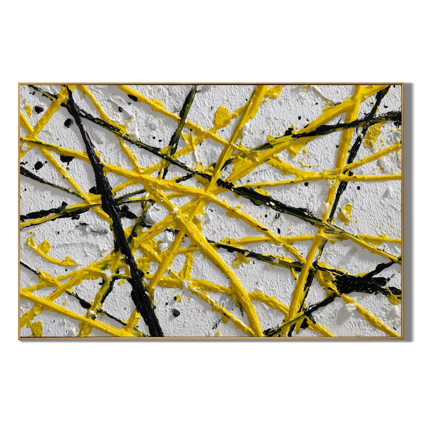 Yellow Black Geometric Abstract Hand-Painted Oil Painting, Modern Textured Line Wall Art # OA 1065