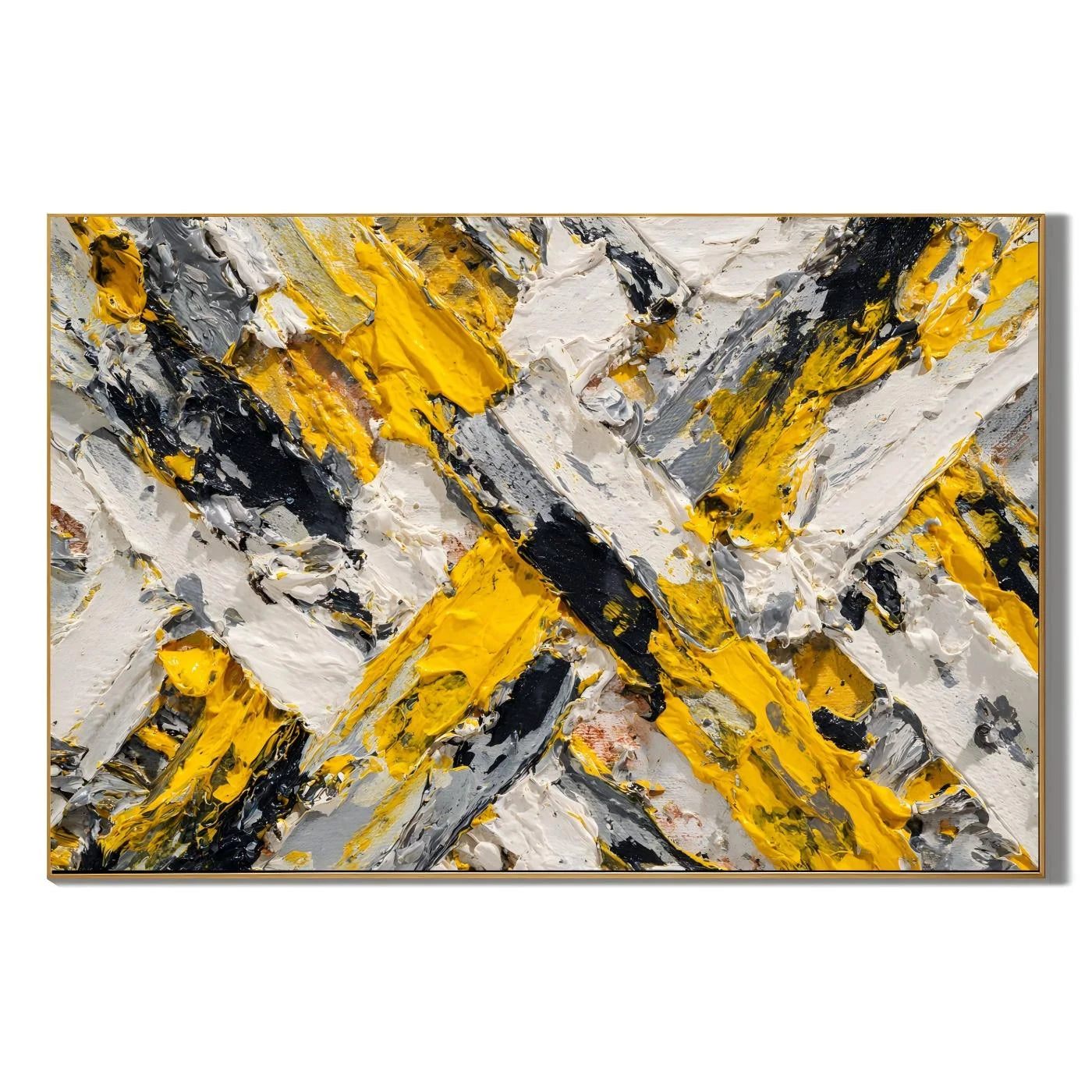 Yellow Black Gray Abstract Hand-Painted Oil Painting, Modern Textured Impasto Wall Art # OA 1061