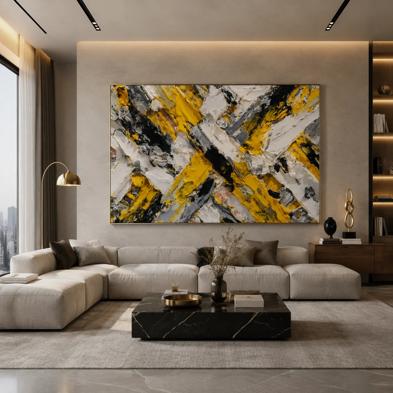 Yellow Black Gray Abstract Hand-Painted Oil Painting, Modern Textured Impasto Wall Art # OA 1061