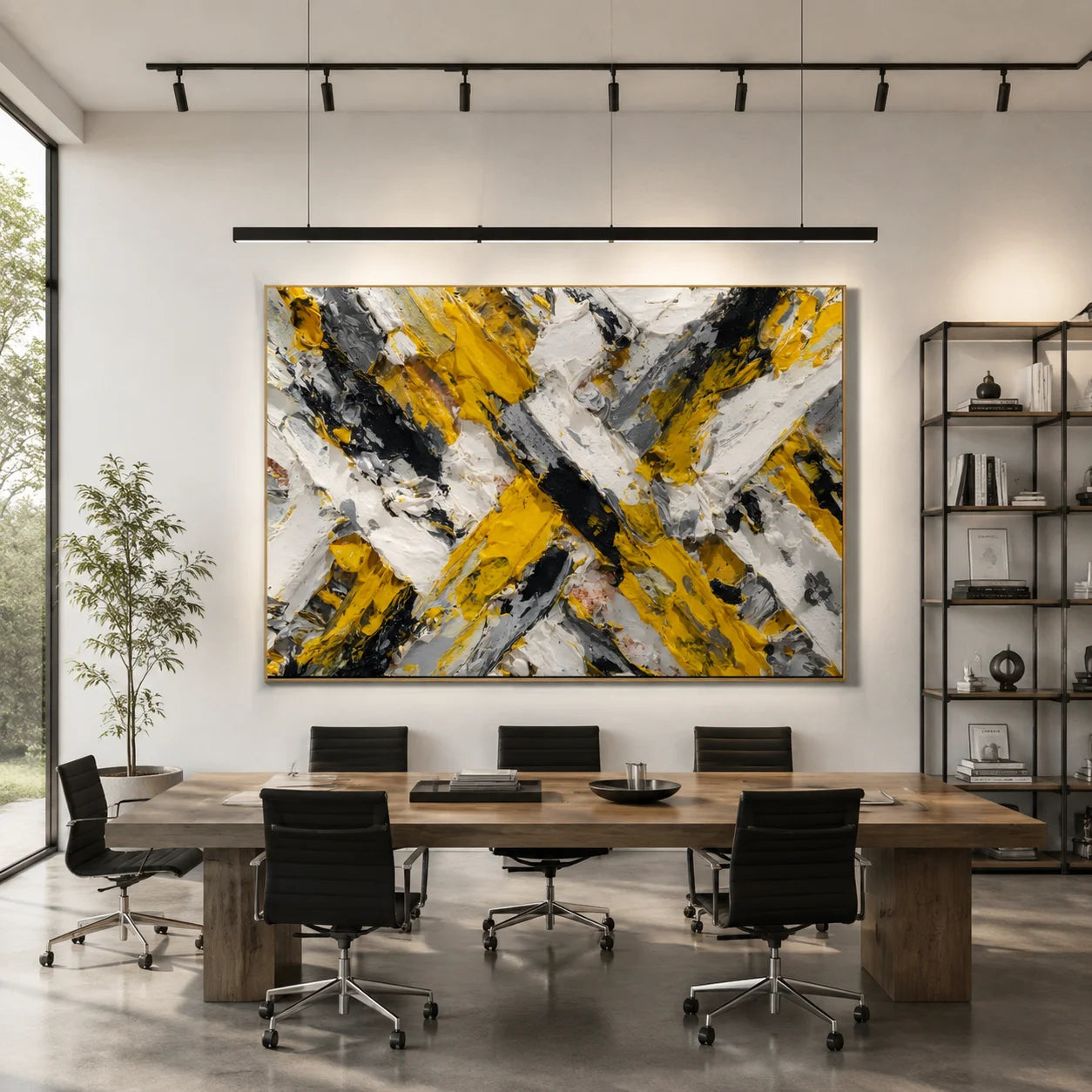 Yellow Black Gray Abstract Hand-Painted Oil Painting, Modern Textured Impasto Wall Art # OA 1061