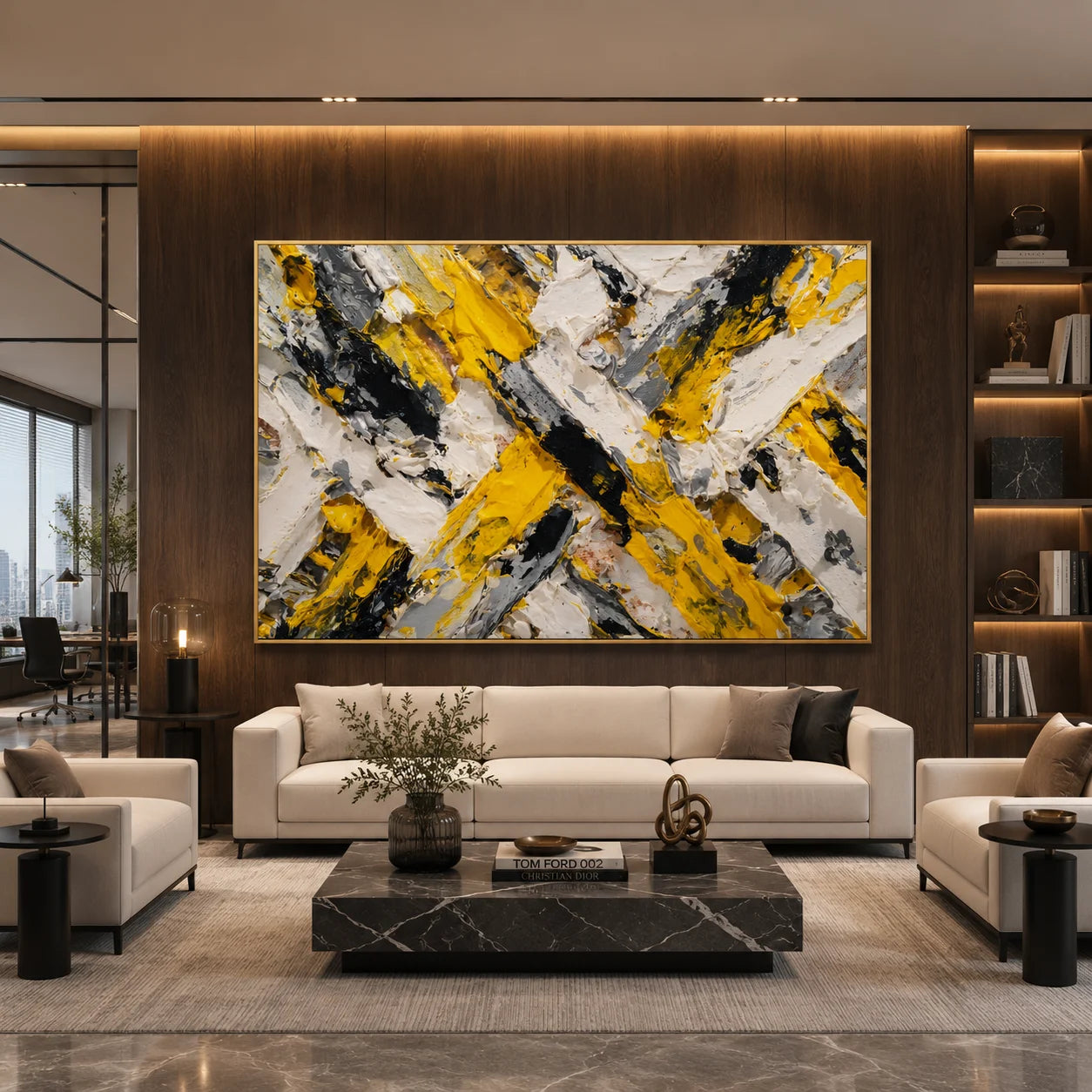 Yellow Black Gray Abstract Hand-Painted Oil Painting, Modern Textured Impasto Wall Art # OA 1061