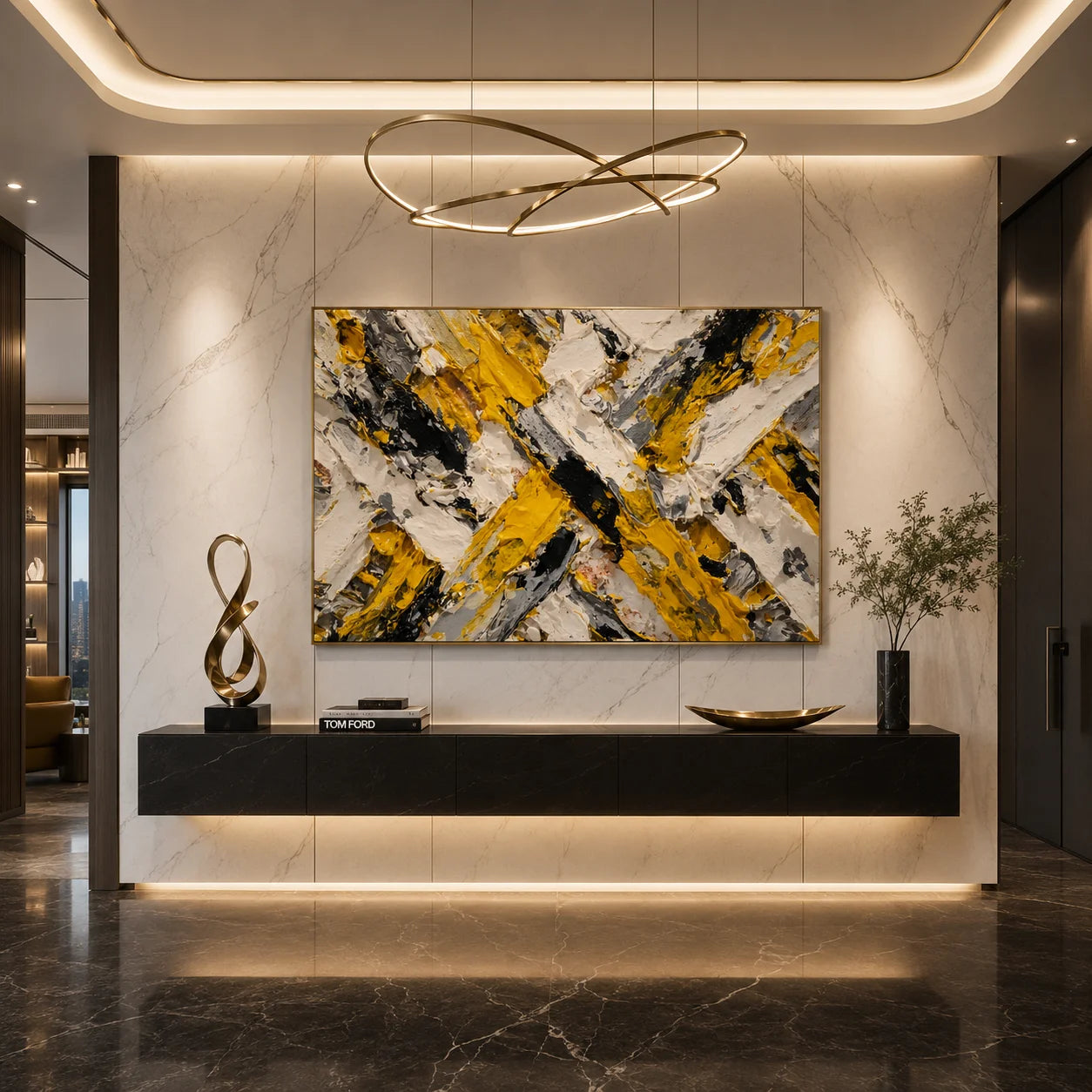 Yellow Black Gray Abstract Hand-Painted Oil Painting, Modern Textured Impasto Wall Art # OA 1061