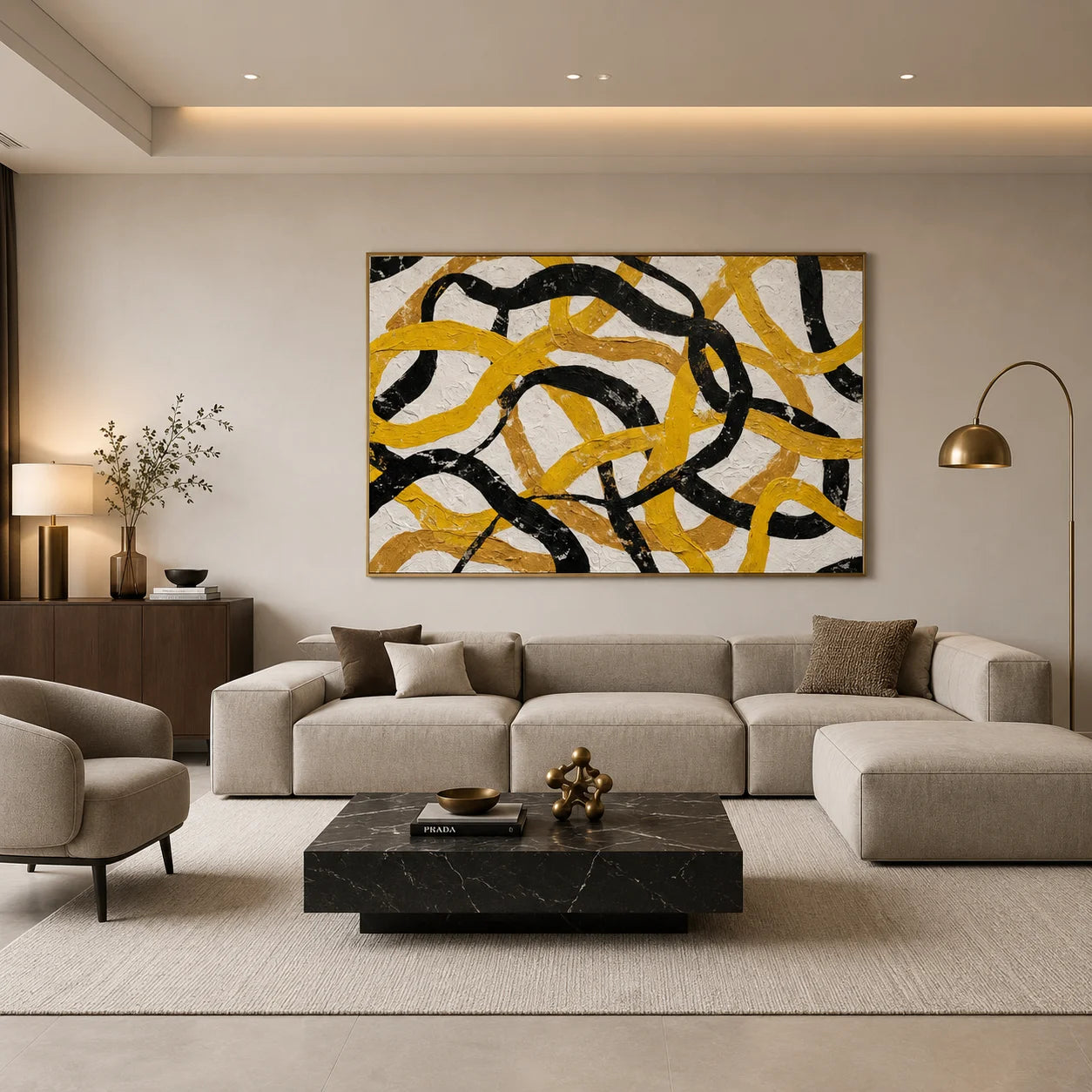 Yellow Black Loop Abstract Hand-Painted Oil Painting, Modern Textured Wall Art for Contemporary Decor # OA 1054