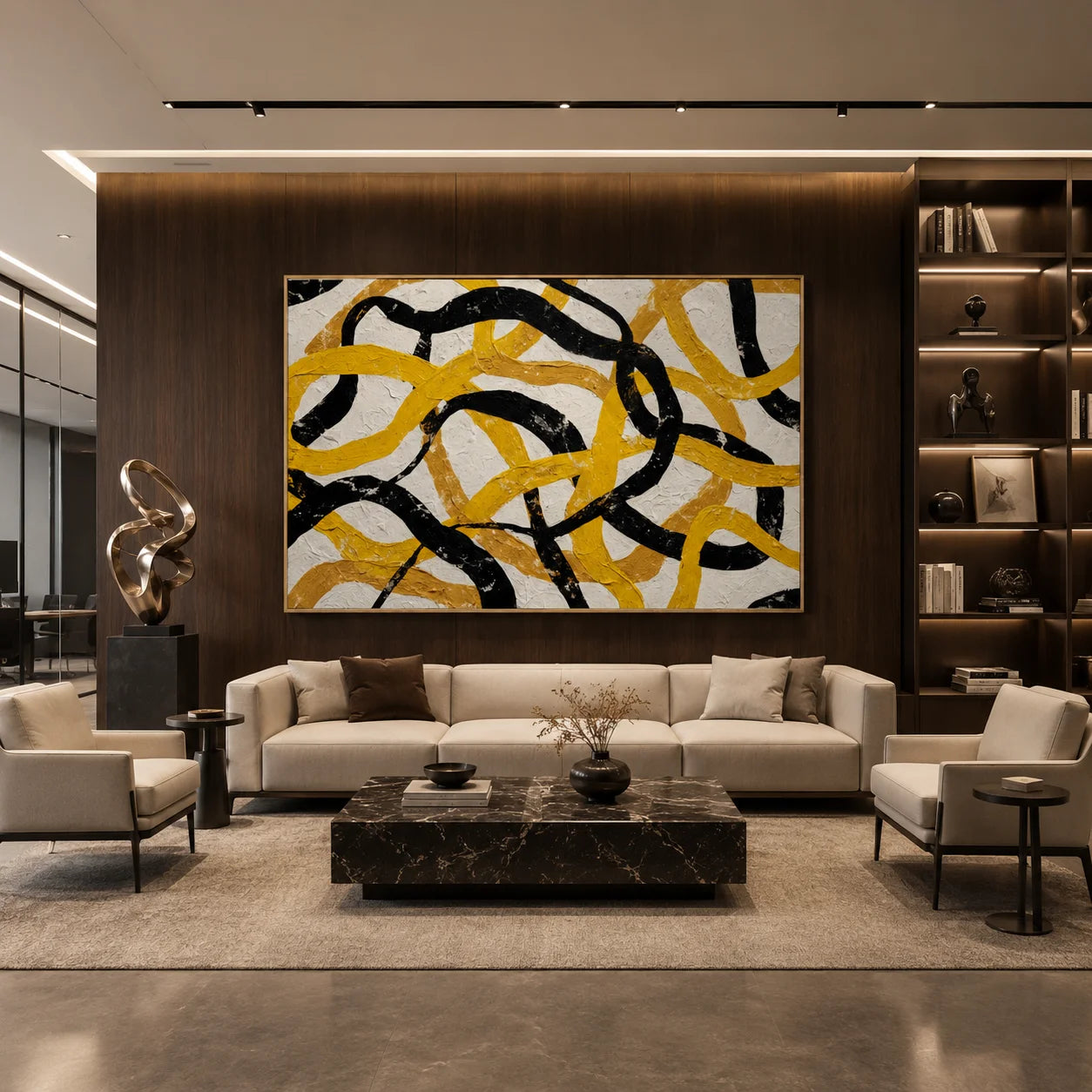 Yellow Black Loop Abstract Hand-Painted Oil Painting, Modern Textured Wall Art for Contemporary Decor # OA 1054