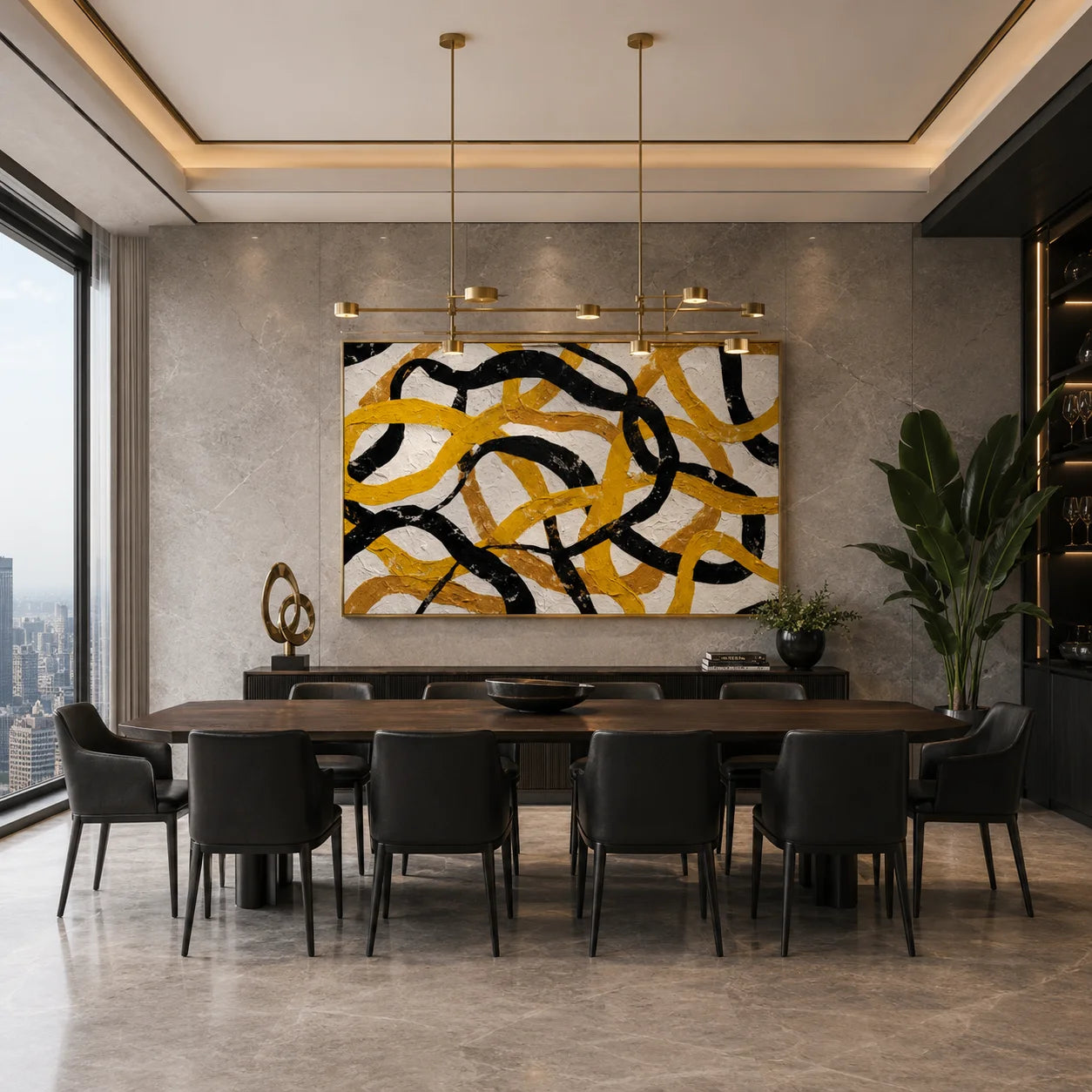 Yellow Black Loop Abstract Hand-Painted Oil Painting, Modern Textured Wall Art for Contemporary Decor # OA 1054