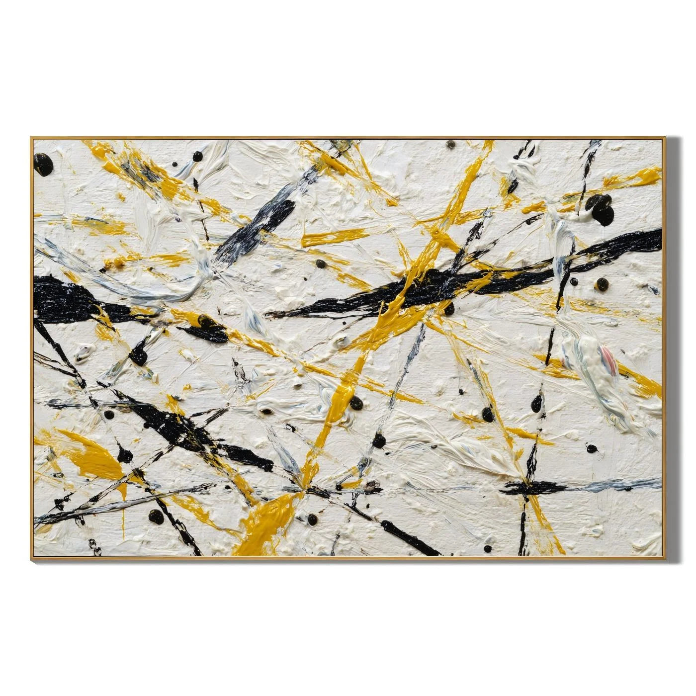 Yellow Black White Abstract Hand-Painted Oil Painting, Modern Textured Splatter Wall Art for Contemporary Decor # OA 1063