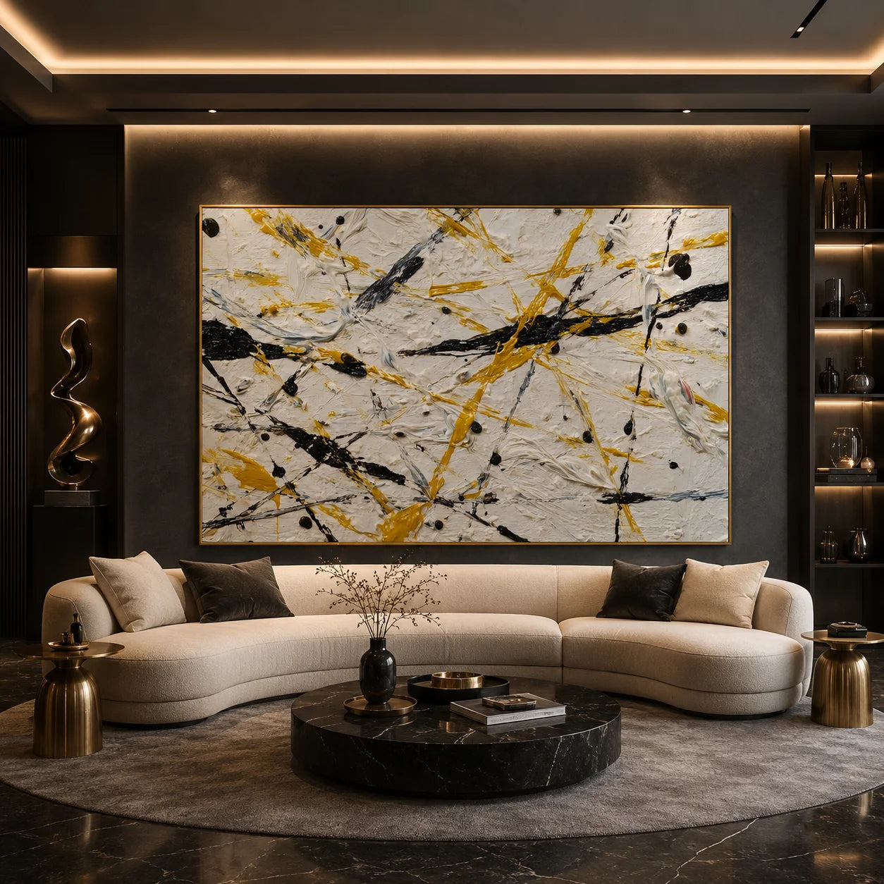 Yellow Black White Abstract Hand-Painted Oil Painting, Modern Textured Splatter Wall Art for Contemporary Decor # OA 1063