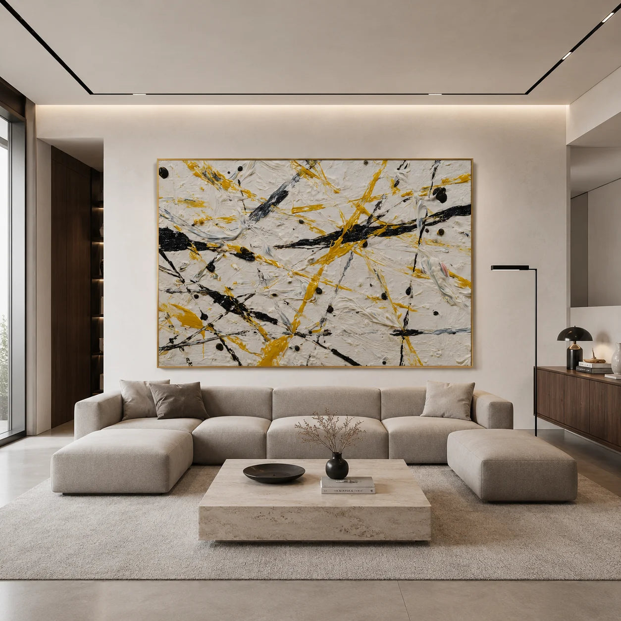 Yellow Black White Abstract Hand-Painted Oil Painting, Modern Textured Splatter Wall Art for Contemporary Decor # OA 1063