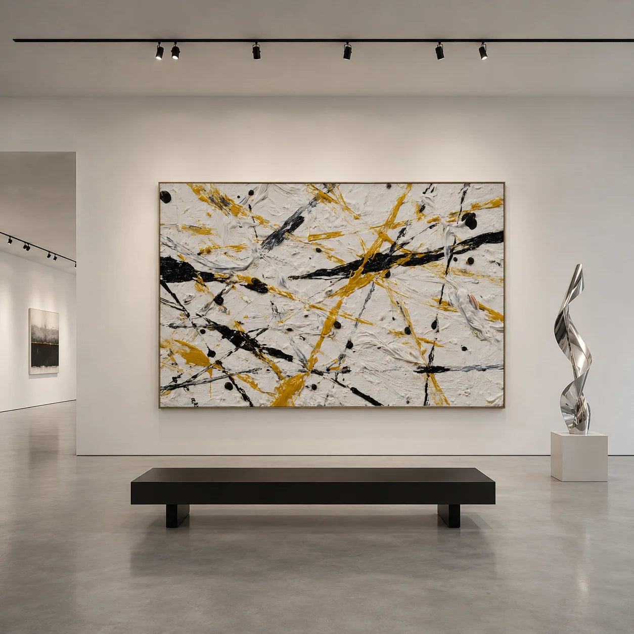 Yellow Black White Abstract Hand-Painted Oil Painting, Modern Textured Splatter Wall Art for Contemporary Decor # OA 1063