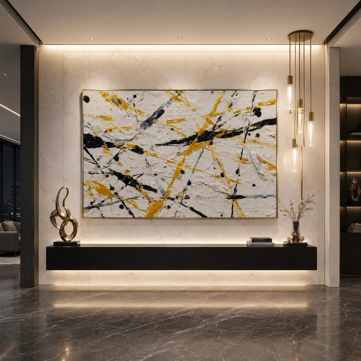 Yellow Black White Abstract Hand-Painted Oil Painting, Modern Textured Splatter Wall Art for Contemporary Decor # OA 1063