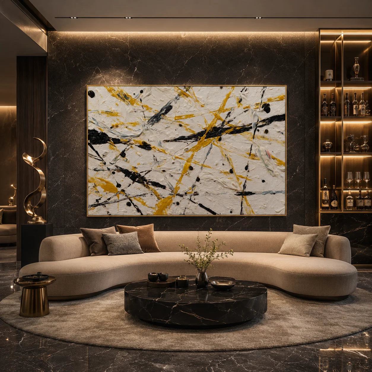 Yellow Black White Abstract Hand-Painted Oil Painting, Modern Textured Splatter Wall Art for Contemporary Decor # OA 1063