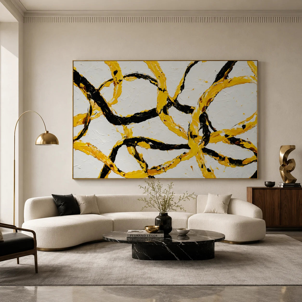 Yellow and Black Abstract Hand-Painted Oil Painting, Modern Textured Loop Wall Art for Contemporary Decor # OA 1052