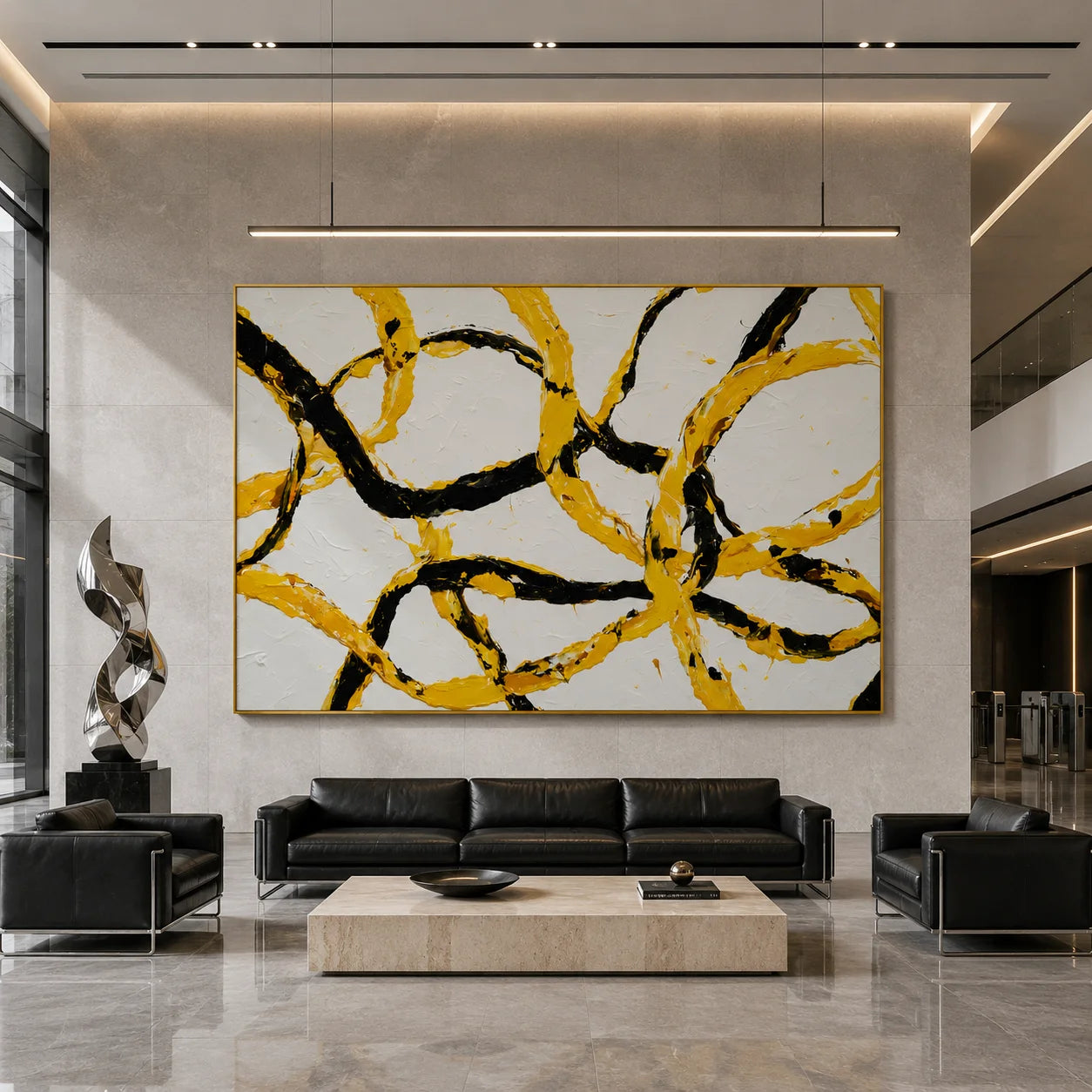 Yellow and Black Abstract Hand-Painted Oil Painting, Modern Textured Loop Wall Art for Contemporary Decor # OA 1052