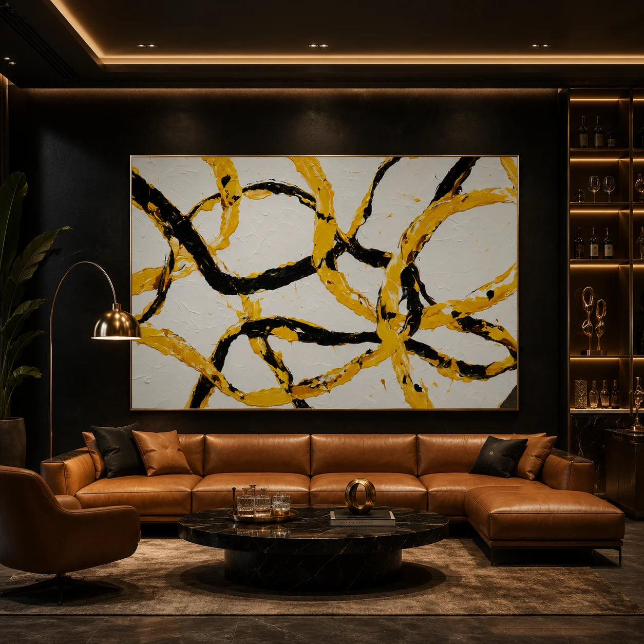 Yellow and Black Abstract Hand-Painted Oil Painting, Modern Textured Loop Wall Art for Contemporary Decor # OA 1052