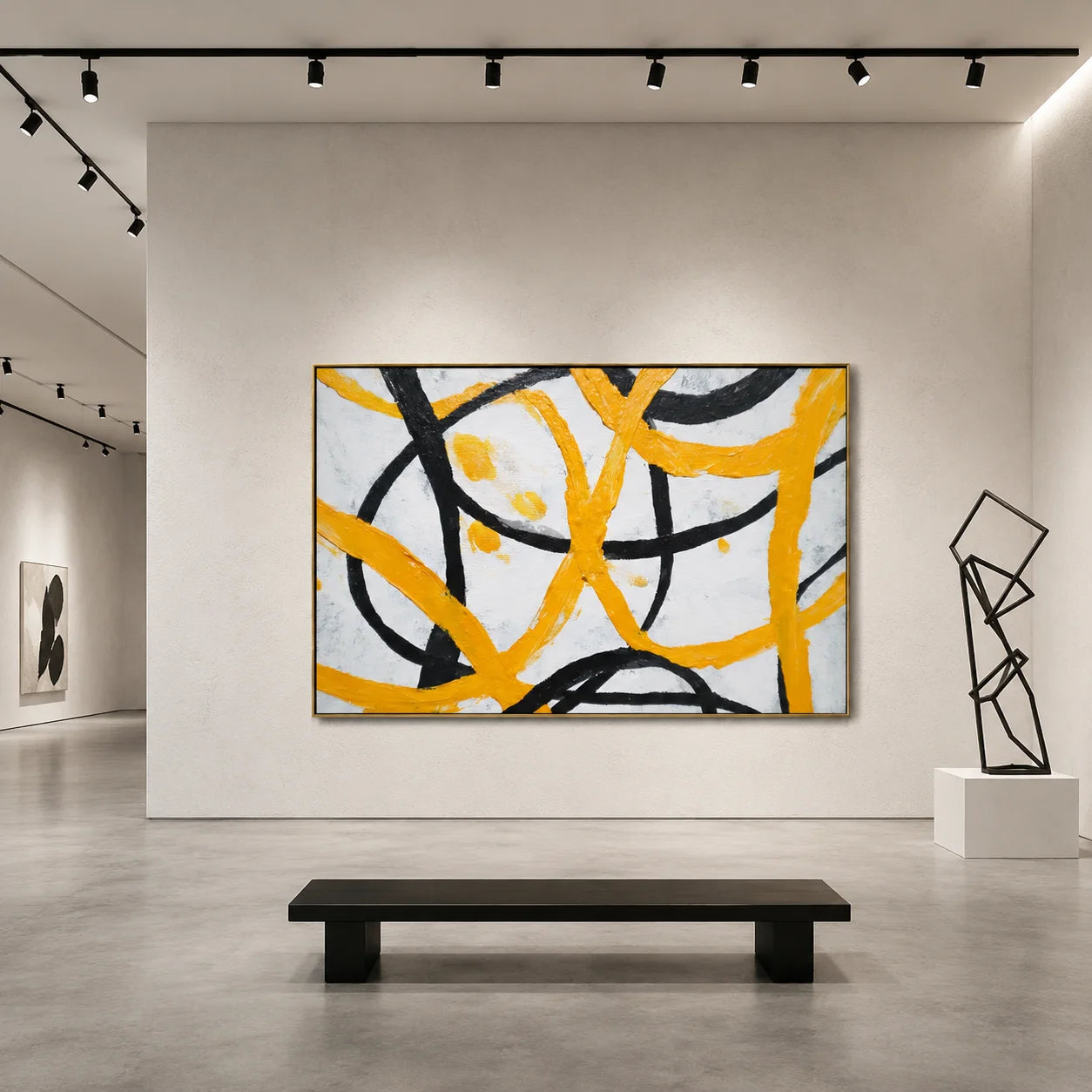 Yellow and Black Abstract Hand-Painted Oil Painting | Textured Modern Canvas Wall Art for Living Room Decor # OA 1035