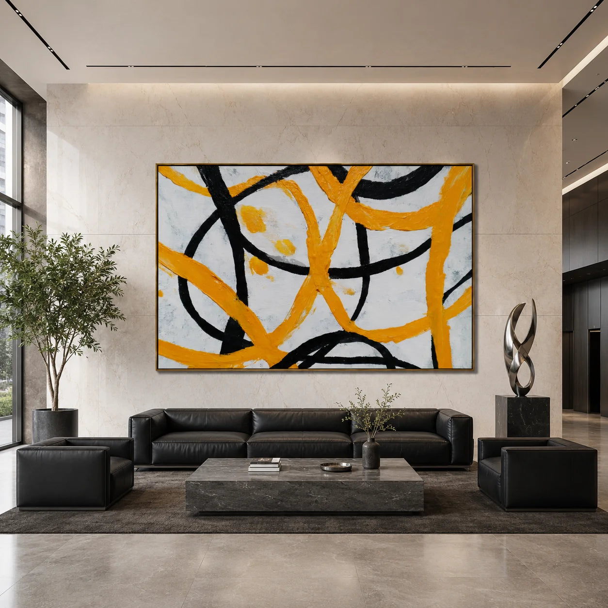 Yellow and Black Abstract Hand-Painted Oil Painting | Textured Modern Canvas Wall Art for Living Room Decor # OA 1035