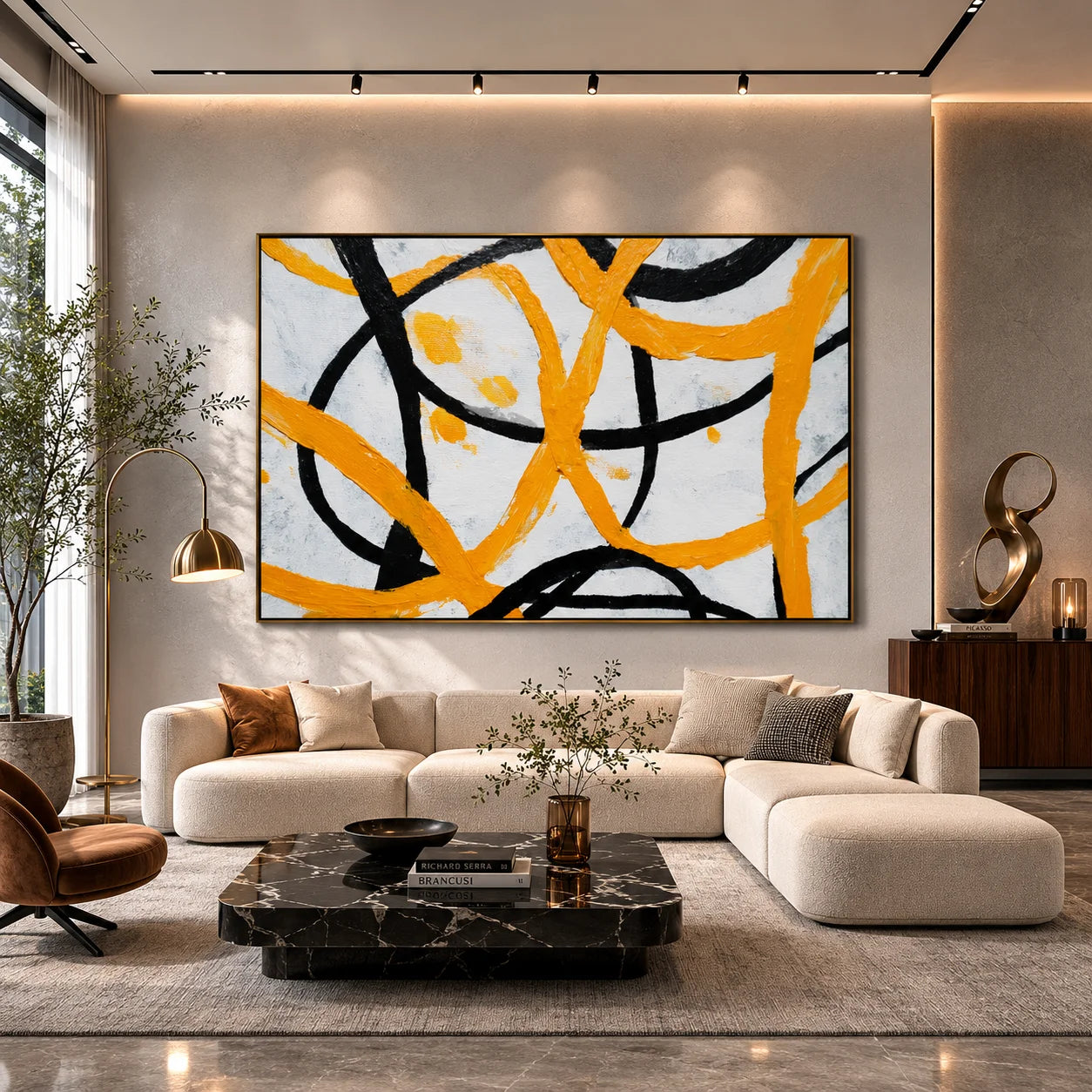 Yellow and Black Abstract Hand-Painted Oil Painting | Textured Modern Canvas Wall Art for Living Room Decor # OA 1035