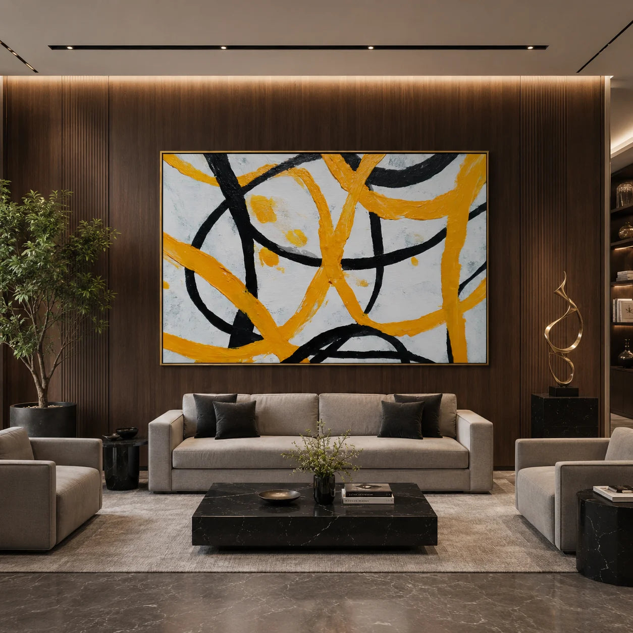 Yellow and Black Abstract Hand-Painted Oil Painting | Textured Modern Canvas Wall Art for Living Room Decor # OA 1035