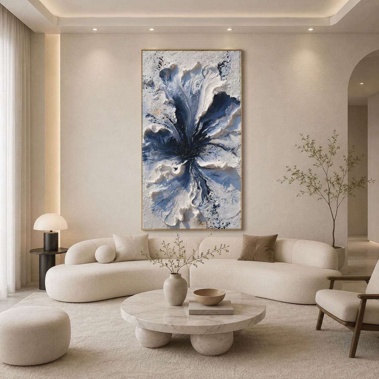 Blue and White 3D Floral Hand-Painted Oil Painting | Textured Abstract Flower Wall Art # OA 1027