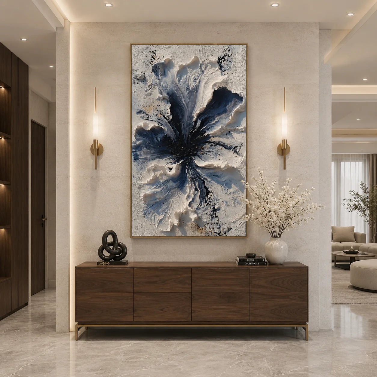 Blue and White 3D Floral Hand-Painted Oil Painting | Textured Abstract Flower Wall Art # OA 1027