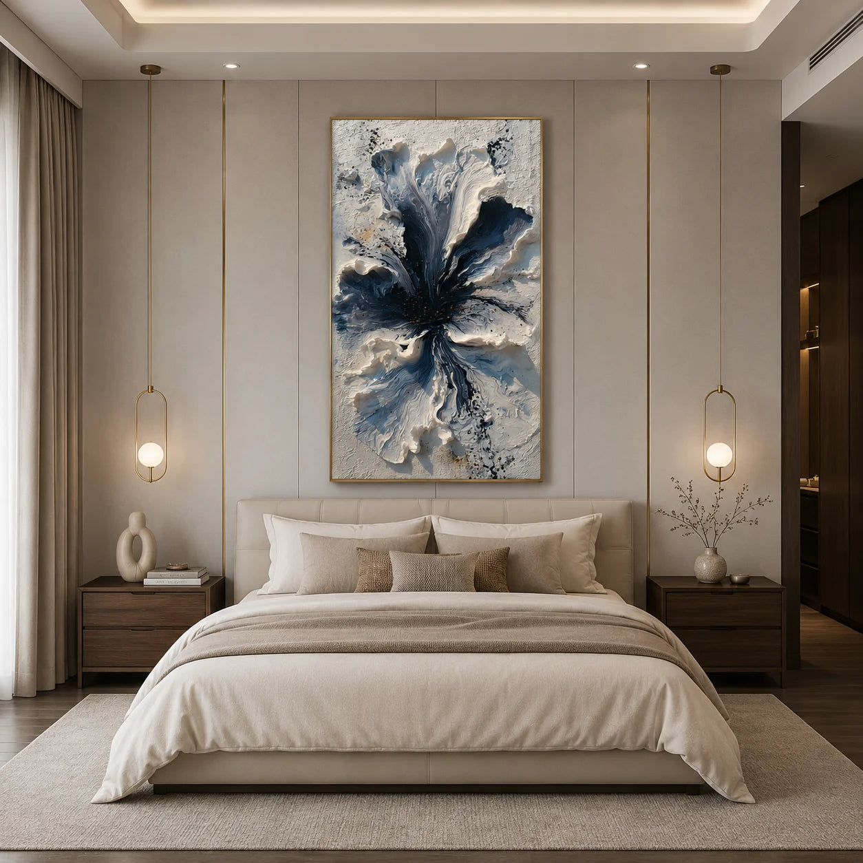 Blue and White 3D Floral Hand-Painted Oil Painting | Textured Abstract Flower Wall Art # OA 1027