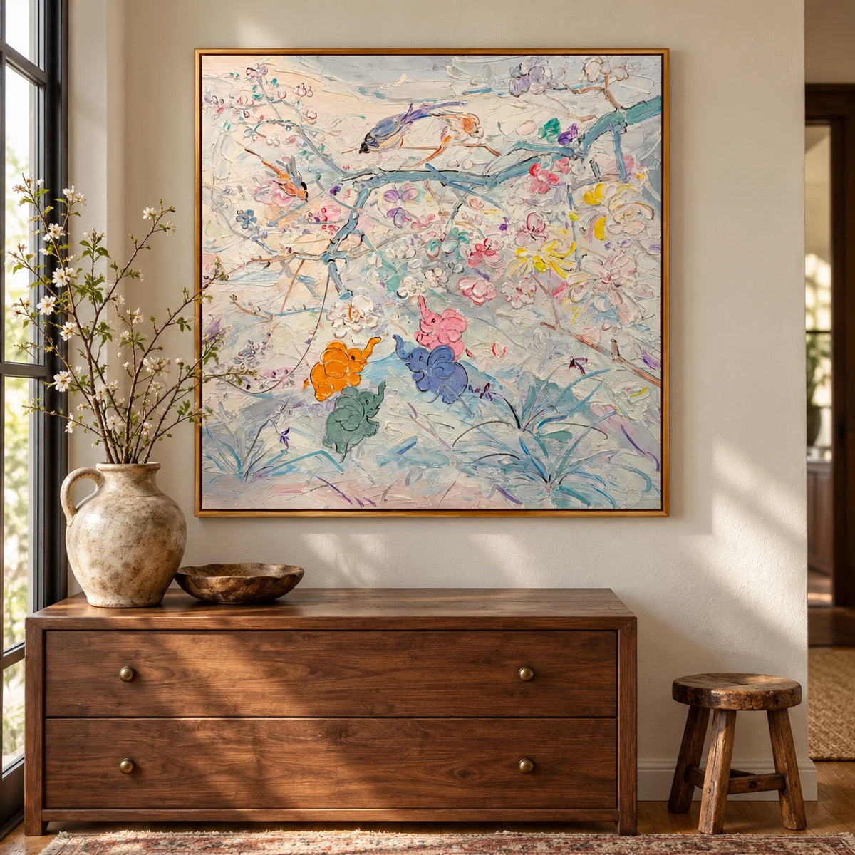 Pastel Birds and Flowers Oil Painting | Delicate Branches and Colorful Blossoms Square Botanical Canvas Wall Art #OA 1829