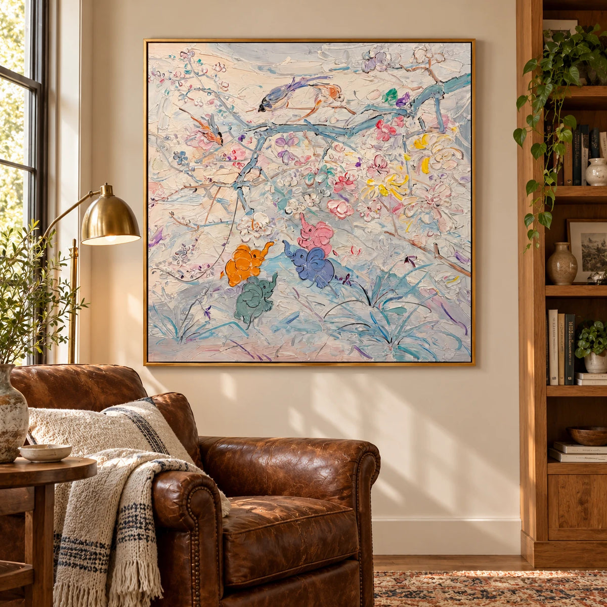 Pastel Birds and Flowers Oil Painting | Delicate Branches and Colorful Blossoms Square Botanical Canvas Wall Art #OA 1829