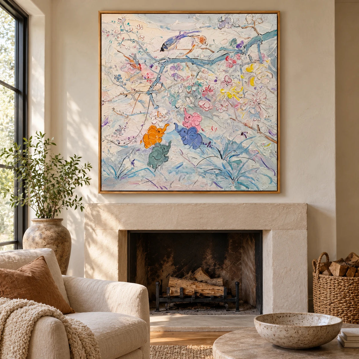 Pastel Birds and Flowers Oil Painting | Delicate Branches and Colorful Blossoms Square Botanical Canvas Wall Art #OA 1829