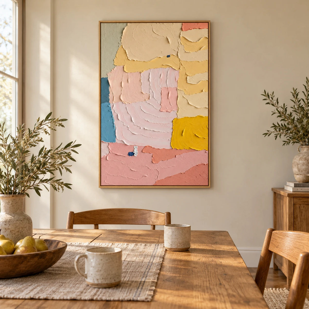 Pastel Pink Yellow and Blue Oil Painting | Broad Raised Color Blocks Vertical Abstract Wall Art #OA 1794
