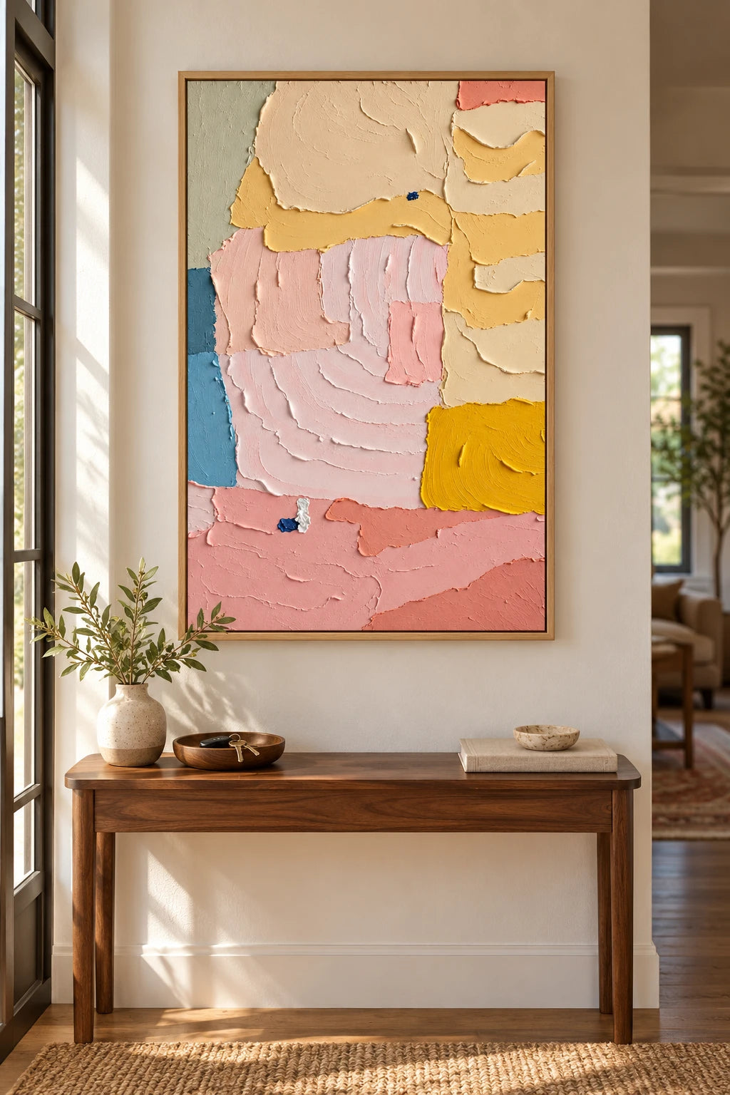 Pastel Pink Yellow and Blue Oil Painting | Broad Raised Color Blocks Vertical Abstract Wall Art #OA 1794