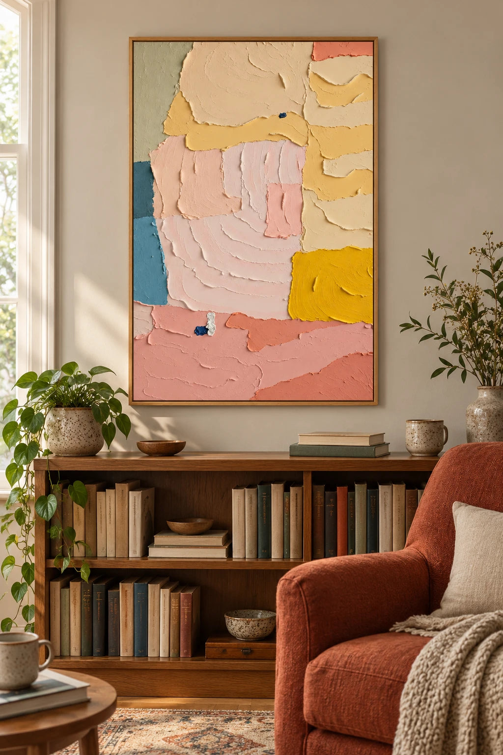 Pastel Pink Yellow and Blue Oil Painting | Broad Raised Color Blocks Vertical Abstract Wall Art #OA 1794