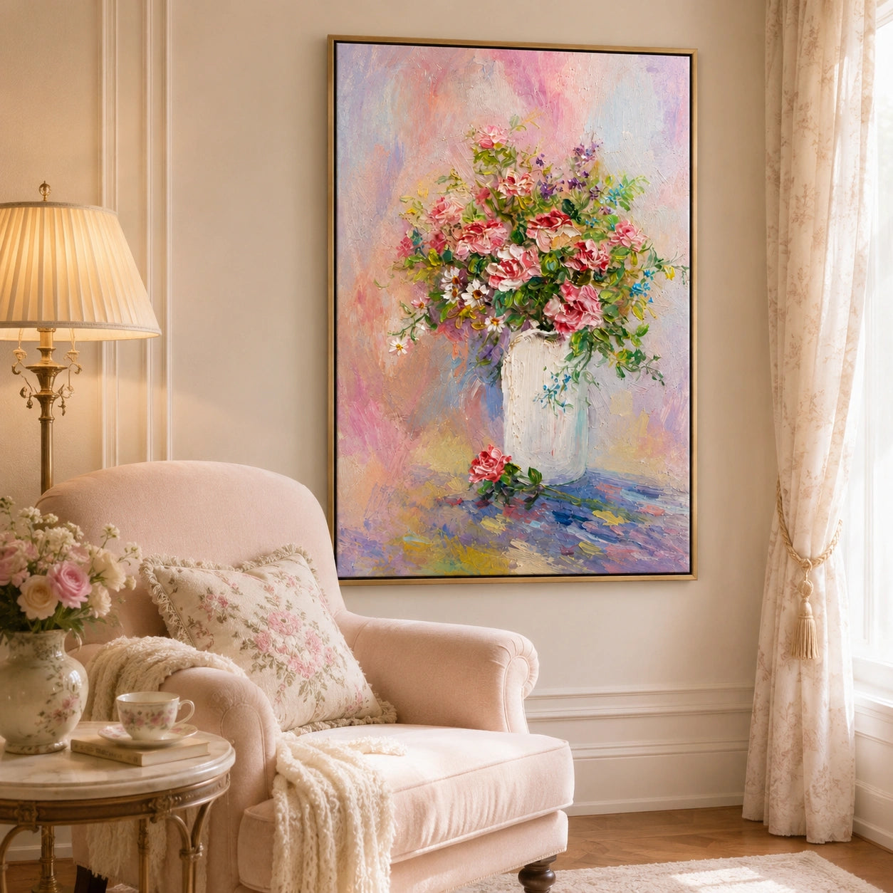 Pastel Rose Reverie Hand-Painted Floral Oil Painting, Pink Rose Bouquet Impasto Canvas Wall Art for Living Room, Bedroom and Luxury Home Décor | Ownanart # OA 1226