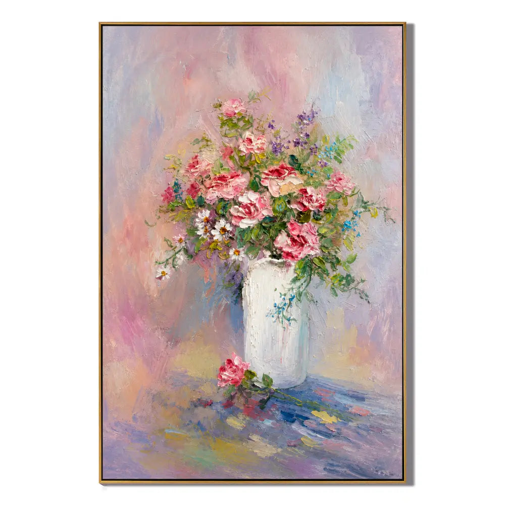 Pastel Rose Reverie Hand-Painted Floral Oil Painting, Pink Rose Bouquet Impasto Canvas Wall Art for Living Room, Bedroom and Luxury Home Décor | Ownanart # OA 1226