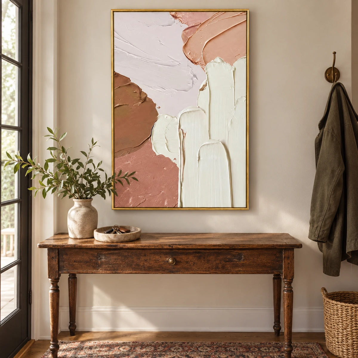 Peach Pink Cream and Brown Oil Painting | Thick Palette Knife Strokes Textured Vertical Abstract Wall Art OA 1759
