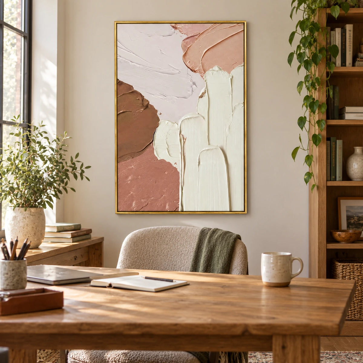 Peach Pink Cream and Brown Oil Painting | Thick Palette Knife Strokes Textured Vertical Abstract Wall Art OA 1759