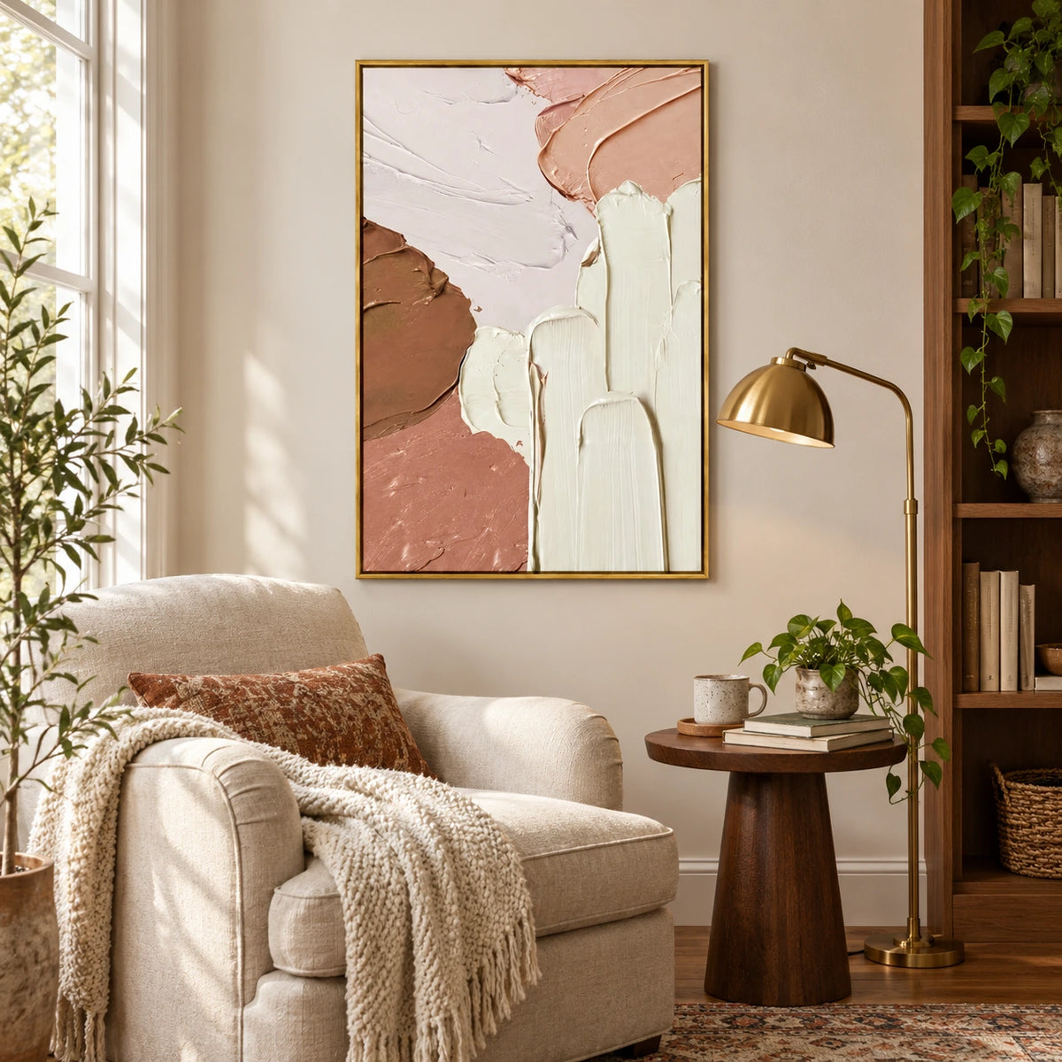 Peach Pink Cream and Brown Oil Painting | Thick Palette Knife Strokes Textured Vertical Abstract Wall Art OA 1759