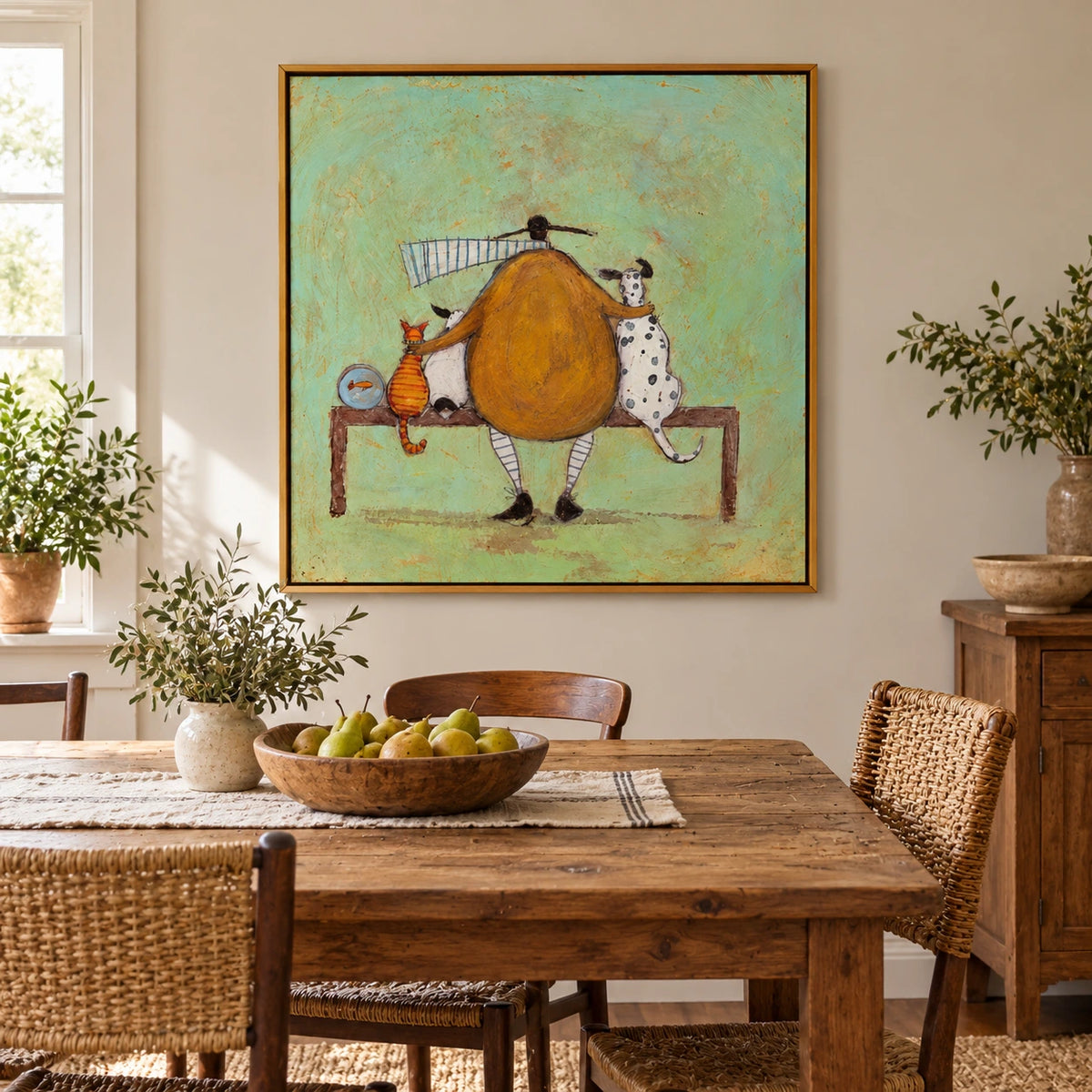 Person with Cat Dogs and Goldfish Oil Painting | Mustard Coat Mint Background Whimsical Square Wall Art OA 1746