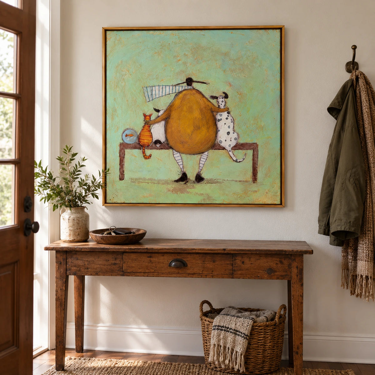Person with Cat Dogs and Goldfish Oil Painting | Mustard Coat Mint Background Whimsical Square Wall Art OA 1746