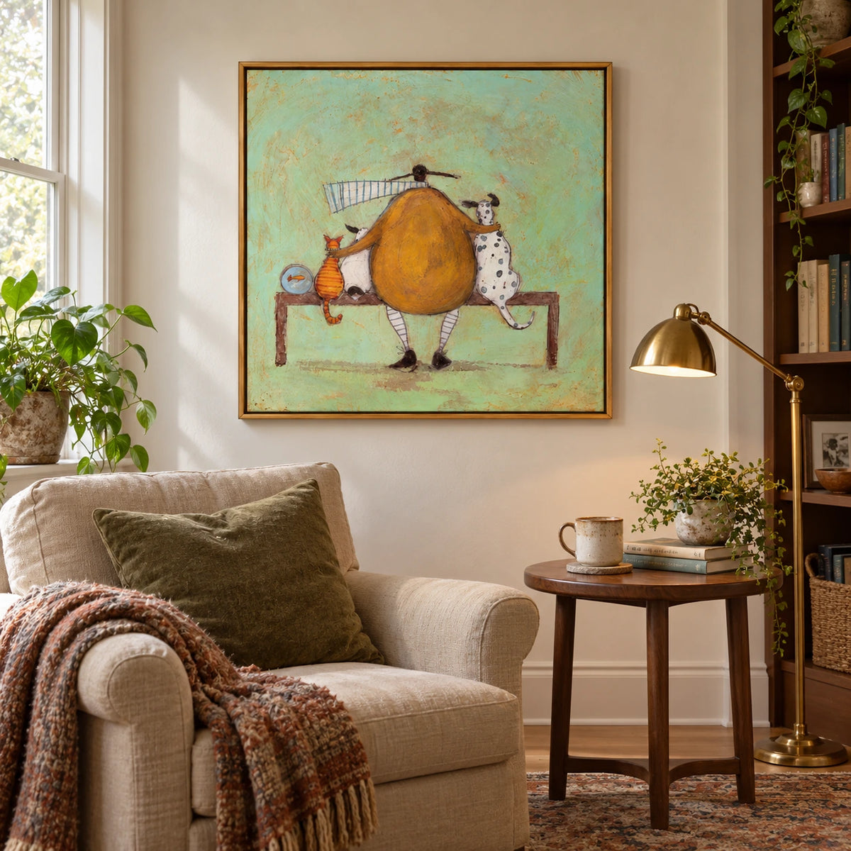 Person with Cat Dogs and Goldfish Oil Painting | Mustard Coat Mint Background Whimsical Square Wall Art OA 1746