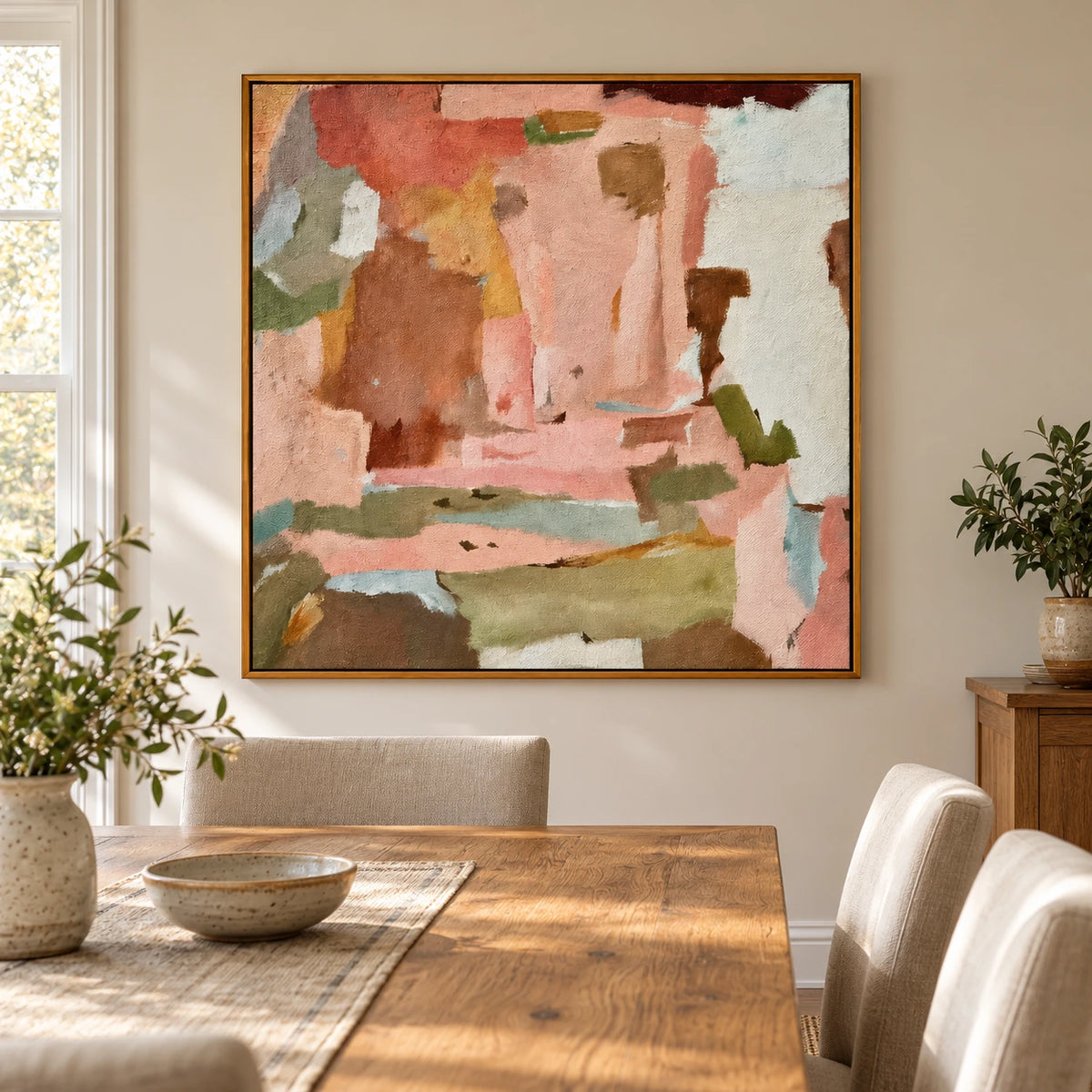 Pink Sage Green and Terracotta Abstract Oil Painting | Soft Color Blocks Modern Square Canvas Wall Art #OA 1697